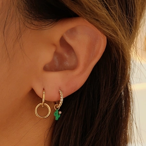 S925 silver hoop earrings featuring a gold ring and a zircon cactus pendant on model