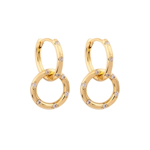 Elegant gold double interlocking hoop earrings with sparkling zircon stones in a sleek design