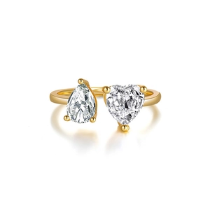 925 Sterling Silver Toi Et Moi Open Ring 18K Gold Plated Heart Pear Shaped Rhinestone Adjustable Finger Ring Jewelry For Women