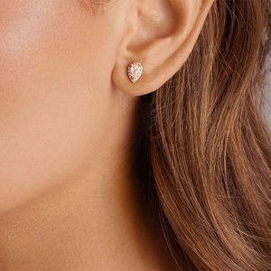Elegant gold pear-shaped halo stud earrings with clear zircon stones for women