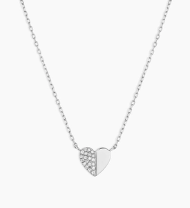 Detailed view of S925 silver heart pendant with half pavé crystals and polished surface