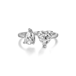 Adjustable S925 silver open ring featuring high-clarity pear and heart cut zircons