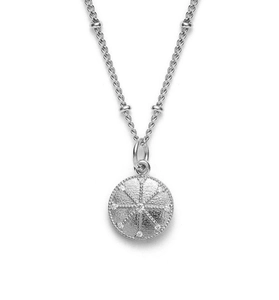 Macro shot of silver coin pendant with matte finish and radiant zircon center on a fine chain