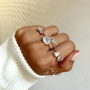 S925 sterling silver adjustable rings set with pear and emerald cut zircon stones