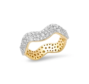 Macro detail of wave-shaped ring with pavé-set round zircons and honeycomb structure