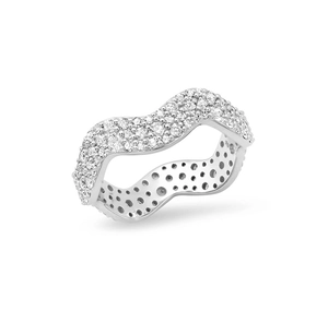 Macro shot of wavy S925 sterling silver ring paved with shimmering white zircon stones