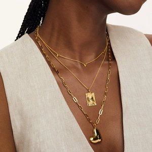 Three-layer gold necklace set featuring heart pendants and paperclip chain for women