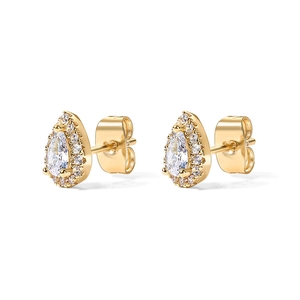 Elegant gold pear-cut cubic zirconia teardrop stud earrings with halo accent