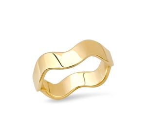 Detail view of gold S925 sterling silver ring with irregular wave-shaped polished finish