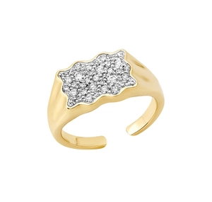 Detailed view of wide gold open ring with wave-shaped pavé-set shimmering zircon stones