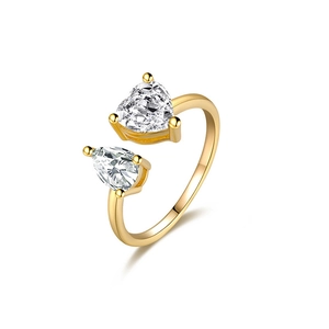 Adjustable S925 silver ring featuring heart and pear-shaped zircon stones in gold finish