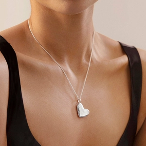 S925 sterling silver irregular heart locket necklace with minimalist polished finish