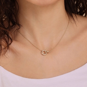 Elegant S925 sterling silver interlocking double ring necklace with pave cubic zirconia