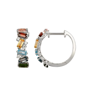 Boucles d'oreilles créoles en argent 925 avec zircons rectangulaires multicolores