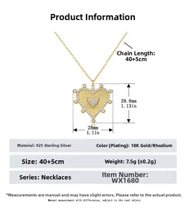 Detailed size specifications for S925 sterling silver heart necklace with 18K gold plating