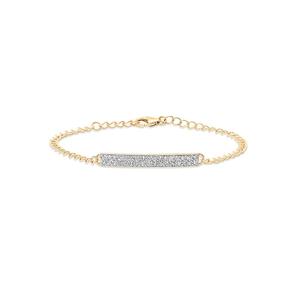 Detail view of gold rectangle charm bracelet featuring pavé-set sparkling cubic zirconia