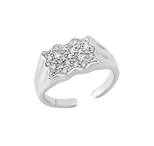 Macro detail of wave-shaped S925 silver ring with pave-set shimmering zircon stones