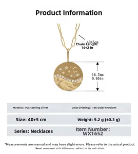 Detail view of S925 silver star moon pendant with 40+5cm paperclip chain size info