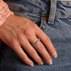 Sparkling S925 sterling silver dome ring with micro-pave zircon crystals on a hand