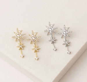 Detailed close-up of S925 silver star-shaped dangle earrings with zircon in gold and silver