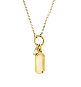 Detailed shot of gold-plated necklace with polished rectangular tag and twisted ring detail