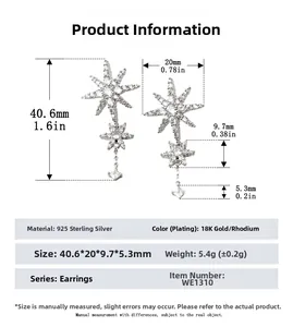 Detailed dimension guide for S925 sterling silver star drop earrings with cubic zirconia