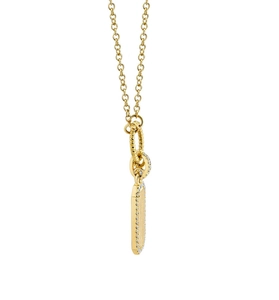 Side view detail of gold plated rectangular pendant necklace with paved cubic zirconia