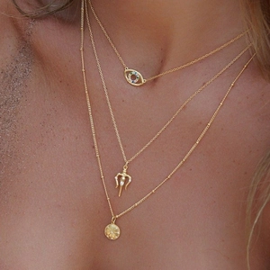 Three-layer gold S925 silver necklace with evil eye and trident coin pendants
