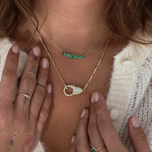 S925 sterling silver gold layered necklace set with green heart gems and carabiner pendant
