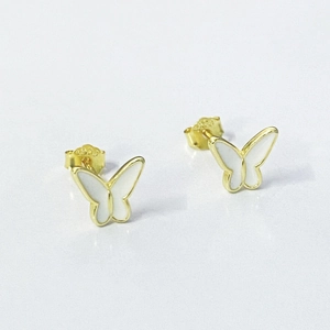 Elegant S925 sterling silver butterfly earrings with white enamel and golden plating