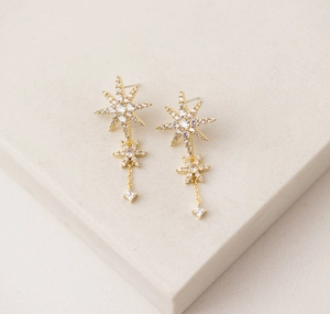 Detail view of S925 silver star earrings with zircons and long tassel drop stones
