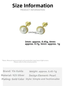 Detailed size guide for S925 silver pearl stud earrings in 3mm, 4mm, and 5mm options