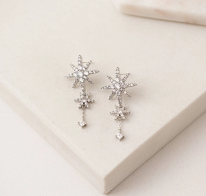Detail of silver S925 star earrings with cubic zirconia on marble background