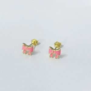 Pink bow stud earrings in S925 sterling silver with elegant gold trim and enamel finish