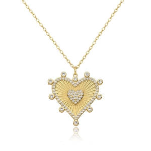 925 Sterling Silver Heart Pendant Necklace Rhinestone Inlaid Double Layer Sunburst Pattern Elegant Jewelry For Women