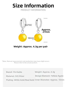 Size chart for S925 silver earrings with yellow agate bead, 27mm length detail