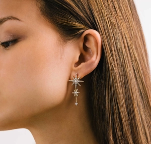 Close-up of elegant gold star drop earrings with white zircon on a female model
