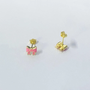 Pink bow-knot S925 sterling silver stud earrings with gold finish for women