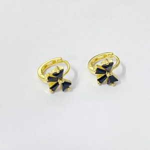 S925 silver gold-plated hoop earrings with black zircon butterfly bow on white background