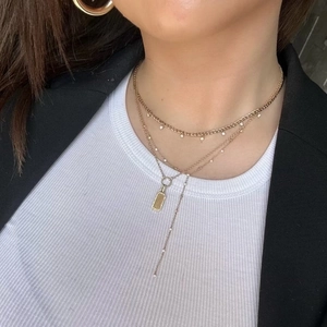 Three-layer gold-plated S925 silver necklace with rectangular pendant and cuban chain links