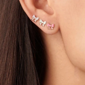 S925 silver bow stud earrings set with macaron enamel in white, green, and pink