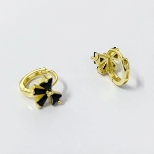 S925 silver golden hoop earrings with black zircon butterfly design on white background
