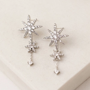Sparkling S925 sterling silver octagram star earrings with zircon stones on marble base