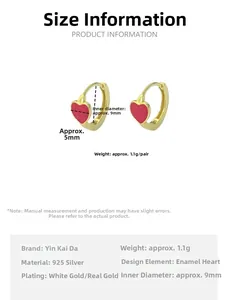Size chart for S925 sterling silver heart hoop earrings with 9mm inner diameter