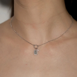 Elegant S925 sterling silver necklace featuring a rectangular pendant with pavé zircons