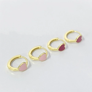 S925 sterling silver heart huggie hoop earrings with pink enamel finish for women