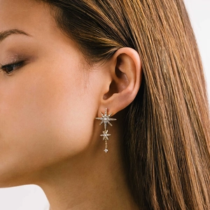 S925 sterling silver eight-pointed star earrings with shimmering cubic zirconia tassels