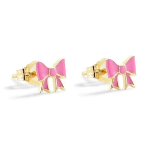 S925 silver pink enamel bow stud earrings with gold plating on a clean white background