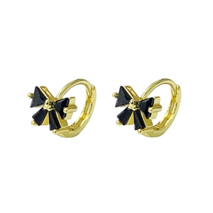 S925 sterling silver hoop earrings with black bow pendants and gold finish for women