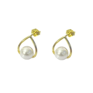 Minimalist S925 silver gold teardrop stud earrings with elegant white pearl center
